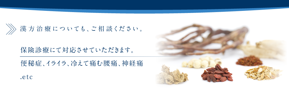 漢方治療についても保険診療にて対応させていただきますので、来院をお待ちしております。便秘症、イライラ、冷えて痛む腰痛、神経痛に。